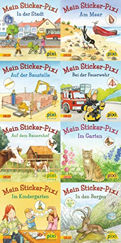 Pixi-8er-Set 199: Meine Sticker-Pixis (8x1 Exemplar) (199): In der Stadt; Am Meer; Auf der Baustelle; Bei der Feuerwehr; Auf dem Bauernhof; Im Garten; Im Kindergarten; In den Bergen von Carlsen