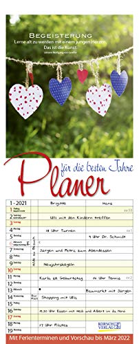 Planer für die besten Jahre 2021: Familienplaner mit 3 breiten Spalten. Familienkalender, literarischer Rentner-planer mit Ferienterminen, Vorschau bis März 2022 und tollen Extras. 19 x 47 cm.