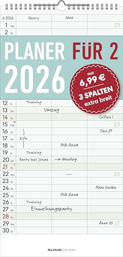 Planer für zwei 2026 mit 3 Spalten - Familien-Timer 22x45 cm - Offset-Papier - mit Ferienterminen - Wand-Planer - Familienkalender - Alpha Edition