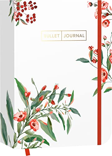 Pocket Bullet Journal "Red Flowers": Mit Punkteraster, Seiten für Index, Key und Future Log sowie Lesebändchen und praktischem Verschlussband