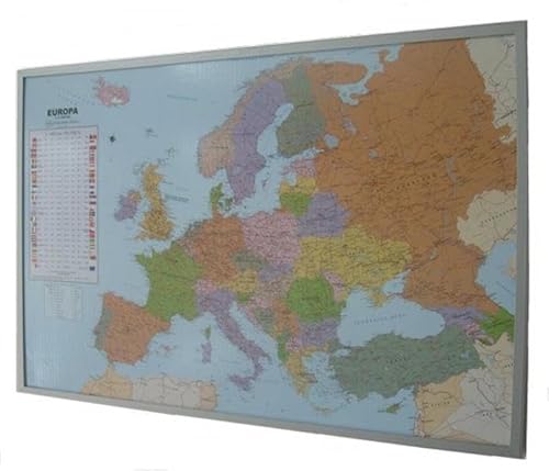 Politische Europakarte auf Kork-Pinnwand, deutsch, 90x60cm: Europakarte zum Pinnen, Maßstab 1:10.350.000 Mio., mit 12 Pinnfähnchen mit silberfarbenen Holzrahmen