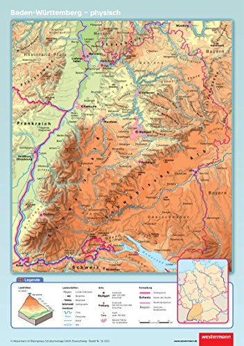 Posterkarten Geographie: Baden-Württemberg: physisch / politisch