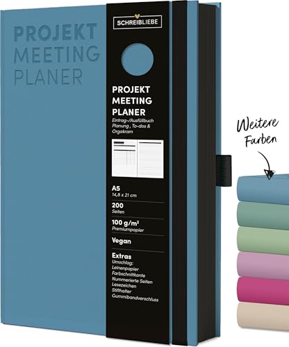 Projekt-Meeting-Planer Aqua: Notizbuch A5, Ausfüllbuch mit Farbschnittkante, Lesebändchen, Stiftehalter und Gummiband, 200 Seiten - SchreibLiebe von Korsch Verlag