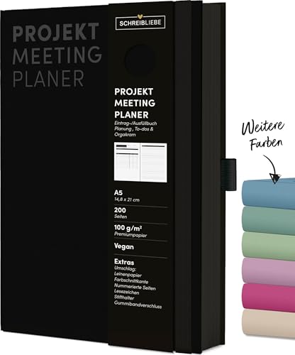 Projekt-Meeting Planer Black: Notizbuch A5, Ausfüllbuch mit Farbschnittkante, Lesebändchen, Stiftehalter und Gummiband, 200 Seiten - SchreibLiebe von Korsch Verlag
