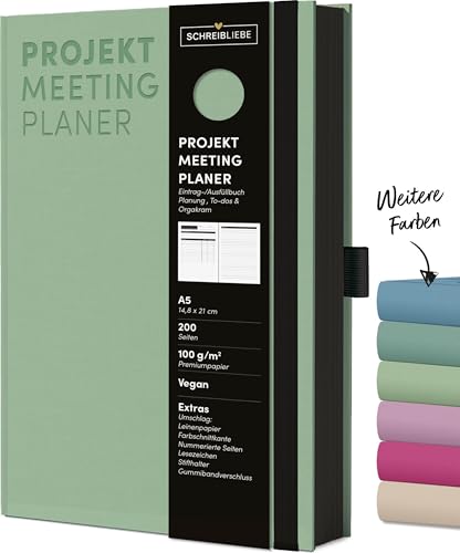 Projekt-Meeting-Planer Mint: Notizbuch A5, Ausfüllbuch mit Farbschnittkante, Lesebändchen, Stiftehalter und Gummiband, 200 Seiten - SchreibLiebe von Korsch Verlag