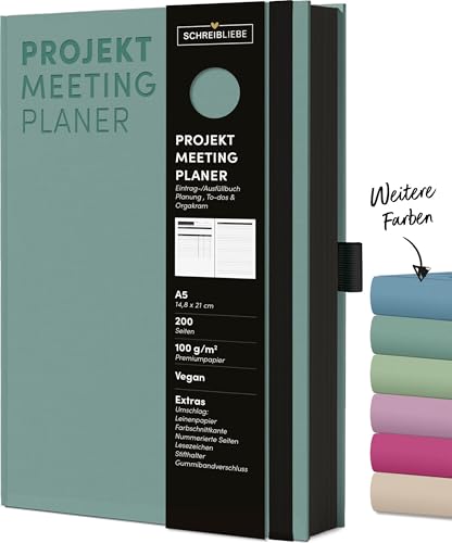 Projekt-Meeting Planer Salbei: Notizbuch A5, Ausfüllbuch mit Farbschnittkante, Lesebändchen, Stiftehalter und Gummiband, 200 Seiten - SchreibLiebe von Korsch Verlag