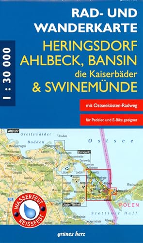 Rad- und Wanderkarte Heringsdorf, Ahlbeck, Bansin - Die Kaiserbäder und Swinemünde: Mit Ückeritz, Pudagla, Benz, Neppermin, Dargen, Zirchow, Kamminke, ... Garz. Maßstab 1:30.000. Wasser- und reißfest.