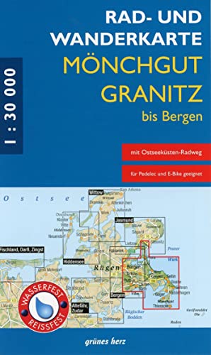 Rad- und Wanderkarte Mönchgut, Granitz, bis Bergen: Mit Binz, Sellin, Baabe, Göhren, Gager, Middelhagen, Thiessow. Maßstab 1:30.000. Wasser- und reißfest.