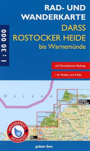 Rad- und Wanderkarte Darß, Rostocker Heide bis Warnemünde: Markgrafenheide, Graal-Müritz, Dierhagen, Wustrow, Ahrenshoop, Born, Wieck, Prerow. Wasser- und reißfest.