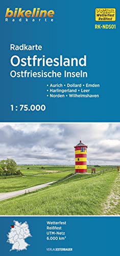 Radkarte Ostfriesland Ostfriesische Inseln: Aurich – Dollard – Emden – Harlingerland – Leer – Norden – Wilhelmshaven, 1:75.000, wetterfest/reißfest, GPS-tauglich mit UTM-Netz (Bikeline Radkarte)