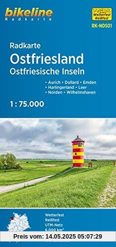 Radkarte Ostfriesland Ostfriesische Inseln: Aurich – Dollard – Emden – Harlingerland – Leer – Norden – Wilhelmshaven, 1:75.000, wetterfest/reißfest, GPS-tauglich mit UTM-Netz (Bikeline Radkarte)