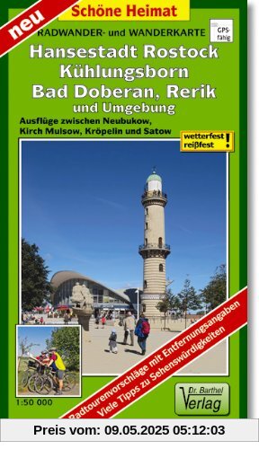 Radwander- und Wanderkarte Hansestadt Rostock, Kühlungsborn, Bad Doberan, Rerik und Umgebung: Ausflüge zwischen Neubukow, Kirch Mulsow, Kröpelin und Satow. 1:50000