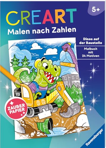 Ravensburger CreArt Malen nach Zahlen ab 5: Dinos auf der Baustelle, Malbuch, 24 Motive, Zauberpapier Ravensburger CreArt Malen nach Zahlen ab 5: Dinos auf der Baustelle, Malbuch, 24 Motive, Zauberpapier