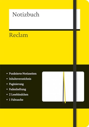Reclams Notizbuch: Großes Notizbuch (Softcover) im Format A5 mit Gummiband, 140 gepunkteten Seiten, zwei Lesebändchen, Inhaltsverzeichnis, Paginierung und Falttasche im Einband