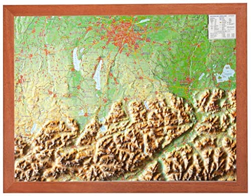 Relief Bayerisches Oberland mit Holzrahmen (1:400.000): Reliefkarte Bayerisches Oberland mit Holzrahmen: Tiefgezogenes Kunststoffrelief