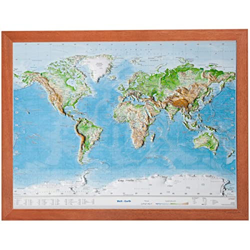 Relief Welt klein mit Rahmen (1:107.000.000): Relief Welt klein mit Holzrahmen (1:107.000.000): Tiefgezogenes Kunststoffrelief von georelief Vertriebs GbR