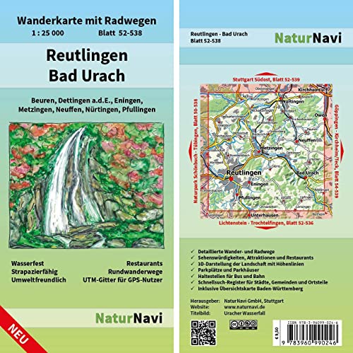 Reutlingen - Bad Urach: Wanderkarte mit Radwegen, Blatt 52-538, 1 : 25 000, Beuren, Dettingen a.d.F., Eningen, Metzingen, Neuffen, Nürtingen, ... (NaturNavi Wanderkarte mit Radwegen 1:25 000)