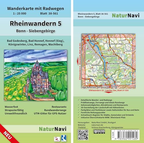 Rheinwandern 5 - Bonn - Siebengebirge: Wanderkarte mit Radwegen, Blatt 38-561, 1 : 25 000, Bad Godesberg, Bad Honnef, Hennef (Sieg), Königswinter, ... (NaturNavi Wanderkarte mit Radwegen 1:25 000) von NaturNavi