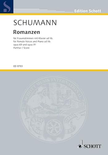 Romanzen: op. 69 u. 91. Frauenstimmen (SSAA bis SSSAAA); Klavier ad libitum. Partitur.: op. 69 u. 91. female voices (SSAA bis SSSAAA); piano ad libitum. Partition. (Edition Schott)