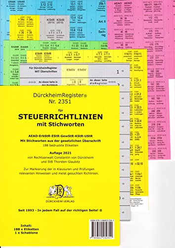 DürckheimRegister STEUERRICHTLINIEN mit Stichworten: 188 Registeretiketten (sog. Griffregister) EStR, UStR, ErbST, BewG, KStG UStR und AEAO • In jedem ... • In jedem Fall auf der richtigen Seite von DürckheimRegister Seit 1999 Nr. 1