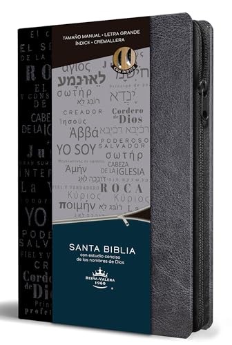 Biblia RVR 1960 Nombres de Dios letra grande tamaño manual con índice y cremalle ra color negro / Spanish Bible RVR60 Handy Size Black Names of God Index Zipp