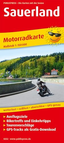 Sauerland: Motorradkarte mit Tourenvorschlägen, GPS-Tracks als Gratis-Download, Ausflugszielen, Einkehr- & Freizeittipps, wetterfest, reißfest, abwischbar, GPS-genau. 1:150000 (Motorradkarte: MK) von Publicpress