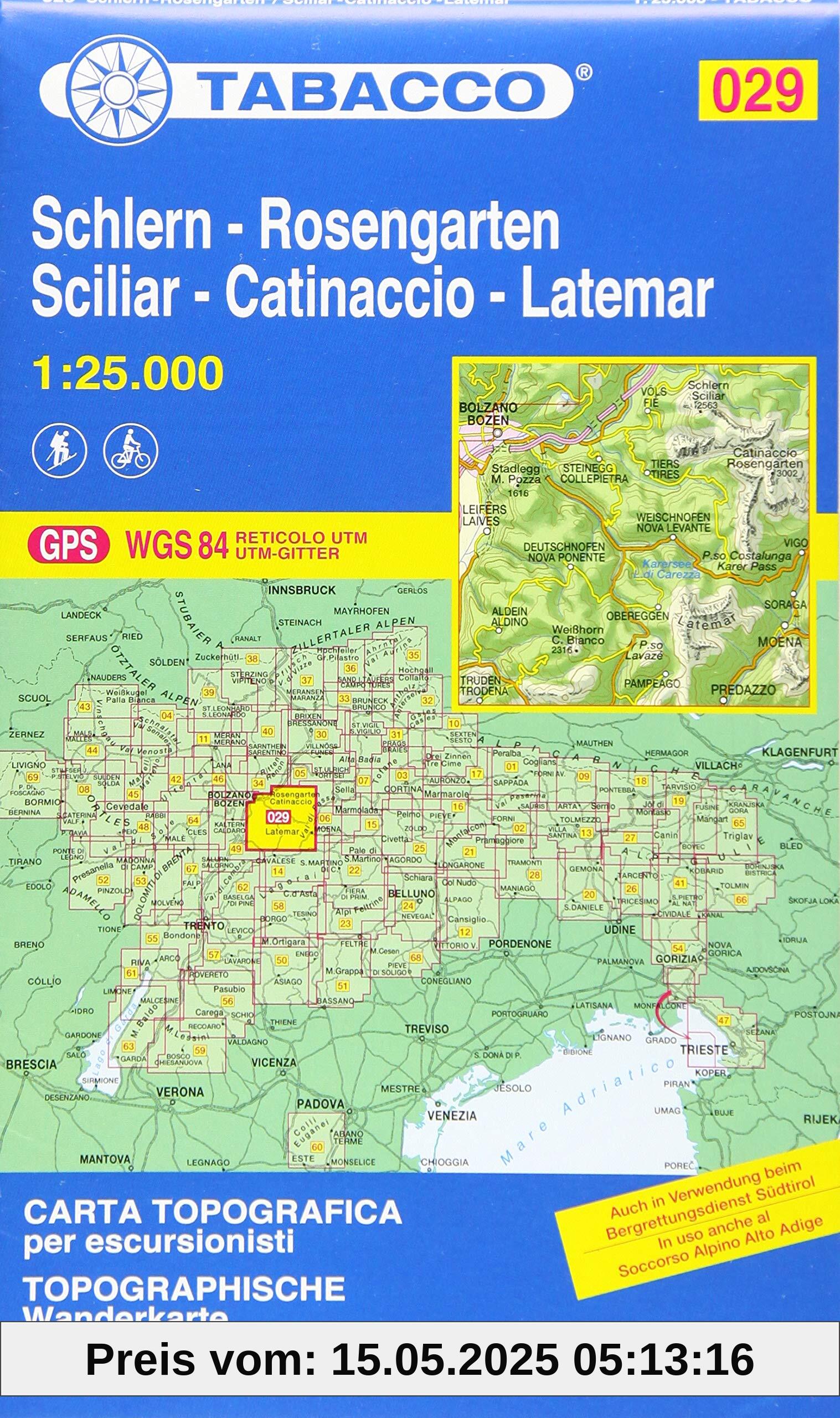 Schlern, Rosengarten, Latemar, Regglberg: Wanderkarte Tabacco 029. 1:25000: GPS. UTM-Gitter (Carte topografiche per escursionisti, Band 29)