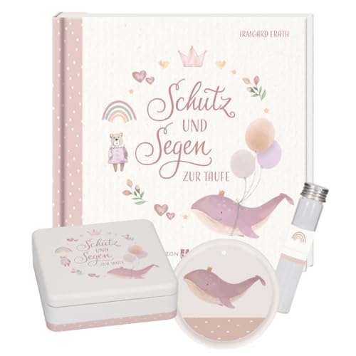 Butzon & Bercker Geschenkset Rosa zur Taufe für Mädchen, Metalldose mit Buch, Porzellanrelief mit Walmotiv und Glasfläschchen für Taufwasser, christliches Taufgeschenk zur Geburt oder Kindertaufe Butzon & Bercker Geschenkset Rosa zur Taufe für Mädchen, Metalldose mit Buch, Porzellanrelief mit Walmotiv und Glasfläschchen für Taufwasser, christliches Taufgeschenk zur Geburt oder Kindertaufe
