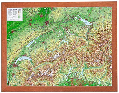 Schweiz 1:1.0 MIO mit Rahmen: Reliefkarte Schweiz klein mit Holzrahmen: Tiefgezogenes Kunststoffrelief von georelief Vertriebs GbR