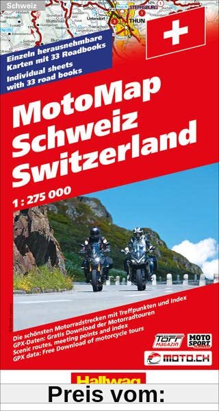Schweiz MotoMap 1:275 000 Motorradkarte: Einzeln herausnehmbare Karten mit 33 Roadbooks, Die schönsten Motorradstrecken mit Treffpunkten, Hotels und Index (Hallwag Freizeitkarten)