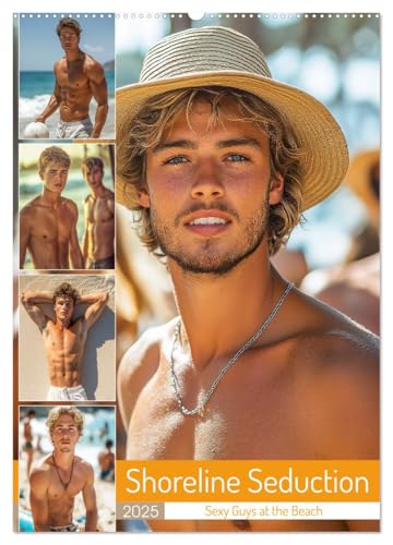 Shoreline Seduction - Sexy Guys at the Beach (Wandkalender 2025 DIN A2 hoch), CALVENDO Monatskalender von CALVENDO