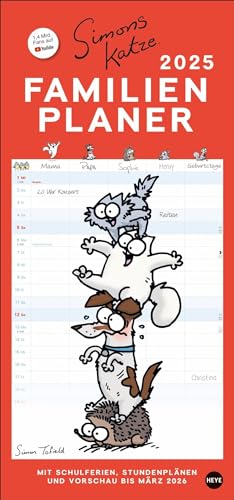 Simons Katze Familienplaner 2025: Familienkalender mit 5 Spalten. Humorvoll illustrierter Familien-Wandkalender mit Schulferien und Stundenplänen. (Familienplaner Heye) von Heye