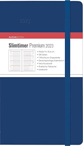 Slimtimer Premium Blue 2023 - Taschen-Kalender 9x15,6 cm - mit Verschlussband & Falttasche - Balacron Einband - Weekly - 128 Seiten - Alpha Edition