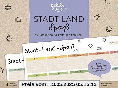 Stadt-Land-Spaß • 40 Kategorien für kniffligen Spielspaß: pen2nature: 100% Recyclingpapier - klimaneutrale Produktion - unterstützt Aufforstungsprojekte (pen2nature family)