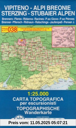 Sterzing, Stubaier Alpen: Wanderkarte Tabacco 038. 1:25000 (Cartes Topograh)