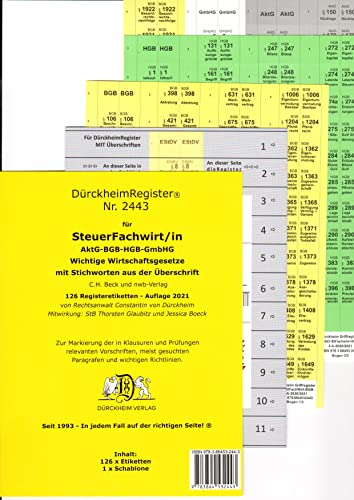 DürckheimRegister STEUERFACHWIRT/IN - BGB-HGB-GmbHG (Wirtschaftsgesetze) mit Stichworten: 102 Registeretiketten (sog. Griffregister)• In jedem Fall ... • In jedem Fall auf der richtigen Seite von DürckheimRegister Seit 1999 Nr. 1