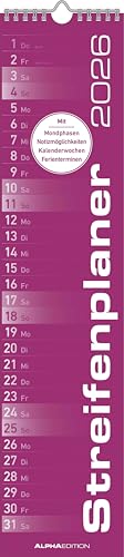 Streifenplaner PINK 2026 - Streifenkalender - Wandplaner - Küchen-Kalender - 11,3x49,5 von ALPHA EDITION