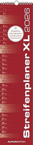 Streifenplaner XL ROT 2026 - Streifenkalender 15x64 cm - Wandplaner - Küchenkalender - schmales Design - eine Spalte - Langplaner von ALPHA EDITION
