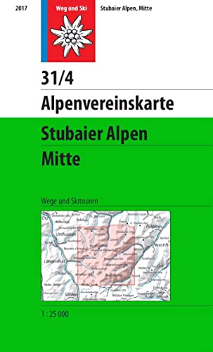 Stubaier Alpen, Mitte: Topographische Karte 1:25.000 mit Wegmarkierungen (Alpenvereinskarten) von dav