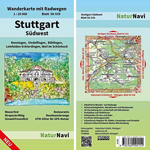 Stuttgart Südwest: Wanderkarte mit Radwegen, Blatt 50-539, 1 : 25 000, Renningen, Sindelfingen, Böblingen, Leinfelden-Echterdingen, Weil im Schönbuch (NaturNavi Wanderkarte mit Radwegen 1:25 000) von Natur Navi GmbH