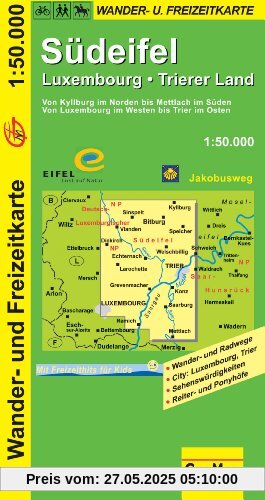 Südeifel 1 : 50 000. Wander- und Freizeitkarte: Von Kyllburg im Norden bis Mettlach im Süden. Von Luxembourg im Westen bis Trier im Osten. Wander- und ... / Sehenswürdigkeiten / Reiter- und Ponyhöfe Südeifel 1 : 50 000. Wander- und Freizeitkarte: Von Kyllburg im Norden bis Mettlach im Süden. Von Luxembourg im Westen bis Trier im Osten. Wander- und ... / Sehenswürdigkeiten / Reiter- und Ponyhöfe
