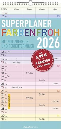 Superplaner Farbenfroh 2026 mit 4 Spalten - Familien-Timer 22x45 cm - Offset-Papier - mit Ferienterminen - Wand-Planer - Familienkalender - Alpha Edition von ALPHA EDITION