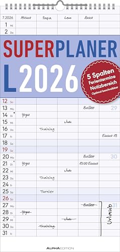 Superplaner L 2026 5 Spalten - Familien-Timer 22x45 cm - Offset-Papier - mit Ferienterminen - Wand-Planer - Familienkalender - Alpha Edition von ALPHA EDITION