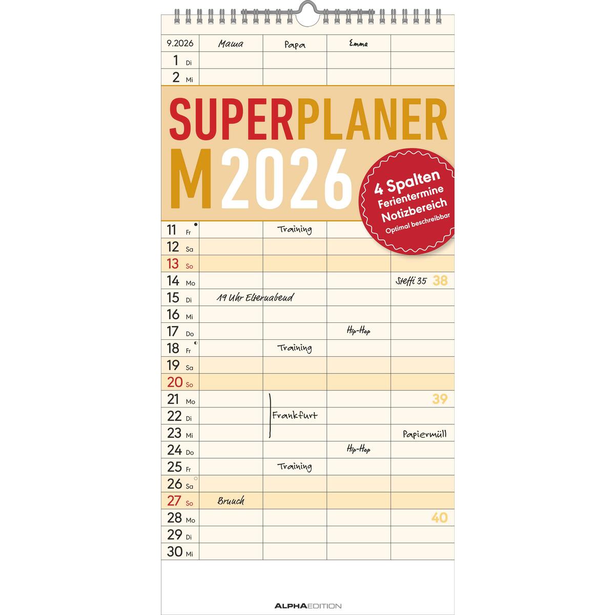 Superplaner M 2026 4 Spalten - Familien-Timer 22x45 cm - Offset-Papier - mit Fer... Superplaner M 2026 4 Spalten - Familien-Timer 22x45 cm - Offset-Papier - mit Fer... von Neumann Verlage GmbH & Co