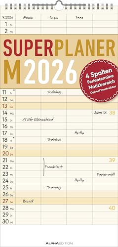 Superplaner M 2026 4 Spalten - Familien-Timer 22x45 cm - Offset-Papier - mit Ferienterminen - Wand-Planer - Familienkalender - Alpha Edition Superplaner M 2026 4 Spalten - Familien-Timer 22x45 cm - Offset-Papier - mit Ferienterminen - Wand-Planer - Familienkalender - Alpha Edition von ALPHA EDITION