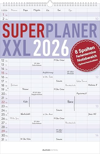 Superplaner XXL 2026 8 Spalten - Timer 33x49,5 cm - Offset-Papier - mit Ferienterminen - Wand-Planer - Alpha Edition von ALPHA EDITION