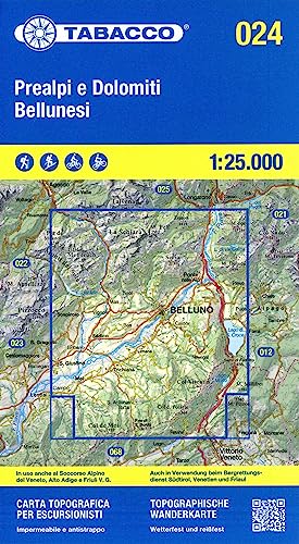 Tabacco Wandern Prealpi Bellunesi 1:25000: Tabacco Wanderkarte 1:25000 (Carta topografica in scala 1:25.000, Band 24)