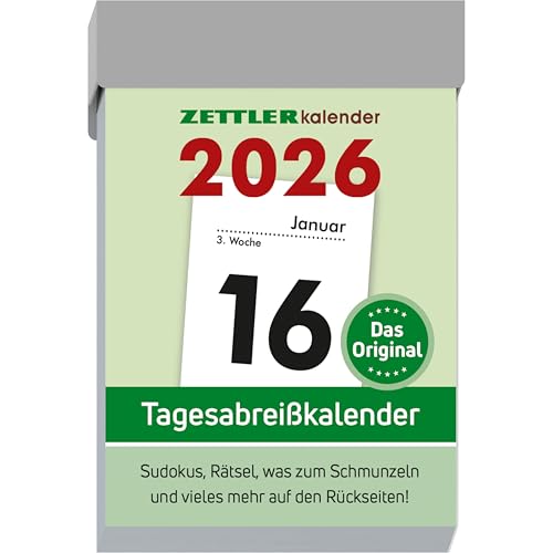 Tagesabreißkalender S 2026 - 4,1x5,9 cm - 1 Tag auf 1 Seite - mit Sudokus, Rezepten, Rätseln uvm. auf den Rückseiten - Bürokalender 301-0000 von ZETTLER Kalender