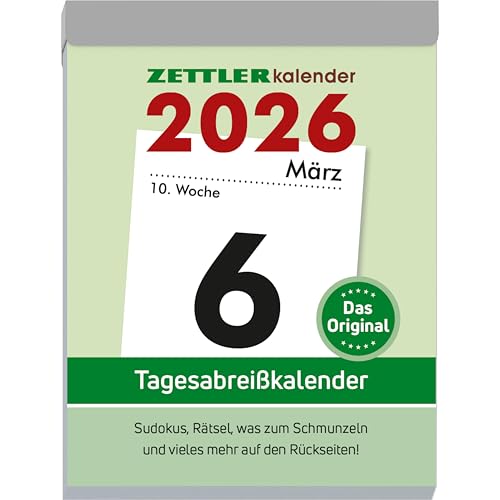 Tagesabreißkalender XL 2026 - 8,2x10,7 cm - 1 Tag auf 1 Seite - mit Sudokus, Rezepten, Rätseln uvm. auf den Rückseiten - Bürokalender 305-0000 Tagesabreißkalender XL 2026 - 8,2x10,7 cm - 1 Tag auf 1 Seite - mit Sudokus, Rezepten, Rätseln uvm. auf den Rückseiten - Bürokalender 305-0000 von ZETTLER Kalender