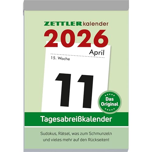 Tagesabreißkalender XXL 2026 - 9,9x14,3 cm - 1 Tag auf 1 Seite - mit Sudokus, Rezepten, Rätseln uvm. auf den Rückseiten - Bürokalender 313-0000 von ZETTLER Kalender